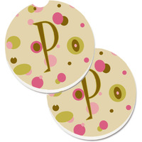 "Caroline's Treasures Letter P Initial Monogram - Tan Dots Set of 2 Cup Holder Car Coasters CJ1004-PCARC, 2.56, Multicolor"