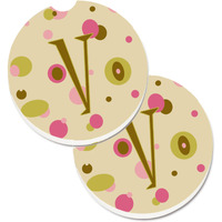 "Caroline's Treasures Letter V Initial Monogram - Tan Dots Set of 2 Cup Holder Car Coasters CJ1004-VCARC, 2.56, Multicolor"