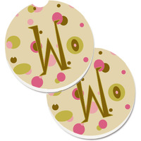 "Caroline's Treasures Letter W Initial Monogram - Tan Dots Set of 2 Cup Holder Car Coasters CJ1004-WCARC, 2.56, Multicolor"