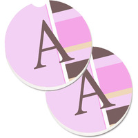 "Caroline's Treasures Letter A Monogram - Pink Stripes Set of 2 Cup Holder Car Coasters CJ1005-ACARC, 2.56, Multicolor"