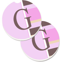 "Caroline's Treasures Letter G Initial Monogram - Pink Stripes Set of 2 Cup Holder Car Coasters CJ1005-GCARC, 2.56, Multicolor"