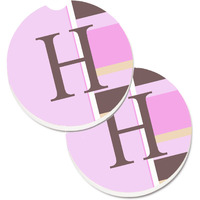 "Caroline's Treasures Letter H Initial Monogram - Pink Stripes Set of 2 Cup Holder Car Coasters CJ1005-HCARC, 2.56, Multicolor"