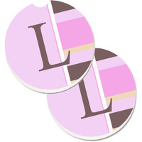 "Caroline's Treasures Letter L Initial Monogram - Pink Stripes Set of 2 Cup Holder Car Coasters CJ1005-LCARC, 2.56, Multicolor"
