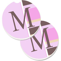 "Caroline's Treasures Letter M Initial Monogram - Pink Stripes Set of 2 Cup Holder Car Coasters CJ1005-MCARC, 2.56, Multicolor"