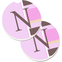 "Caroline's Treasures Letter N Initial Monogram - Pink Stripes Set of 2 Cup Holder Car Coasters CJ1005-NCARC, 2.56, Multicolor"