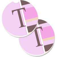 "Caroline's Treasures Letter T Initial Monogram - Pink Stripes Set of 2 Cup Holder Car Coasters CJ1005-TCARC, 2.56, Multicolor"