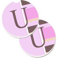 "Caroline's Treasures Letter U Initial Monogram - Pink Stripes Set of 2 Cup Holder Car Coasters CJ1005-UCARC, 2.56, Multicolor"