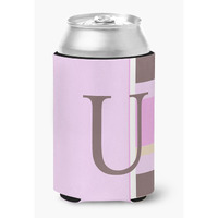Letter U Initial Monogram - Pink Stripes Can or Bottle Beverage Insulator Hugger