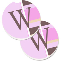 "Caroline's Treasures Letter W Initial Monogram - Pink Stripes Set of 2 Cup Holder Car Coasters CJ1005-WCARC, 2.56, Multicolor"