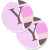 "Caroline's Treasures Letter Y Initial Monogram - Pink Stripes Set of 2 Cup Holder Car Coasters CJ1005-YCARC, 2.56, Multicolor"
