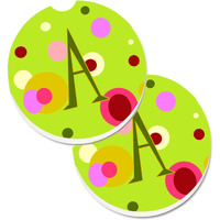 "Caroline's Treasures Letter A Monogram - Lime green Set of 2 Cup Holder Car Coasters CJ1010-ACARC, 2.56, Multicolor"