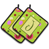 "Caroline's Treasures Letter J Monogram - Lime green Pair of Pot Holders CJ1010-JPTHD, 7.5HX7.5W, Multicolor"