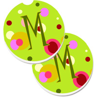 "Caroline's Treasures Letter M Monogram - Lime green Set of 2 Cup Holder Car Coasters CJ1010-MCARC, 2.56, Multicolor"