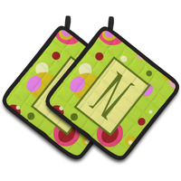"Caroline's Treasures Letter N Monogram - Lime green Pair of Pot Holders CJ1010-NPTHD, 7.5HX7.5W, Multicolor"