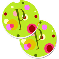 "Caroline's Treasures Letter P Monogram - Lime green Set of 2 Cup Holder Car Coasters CJ1010-PCARC, 2.56, Multicolor"
