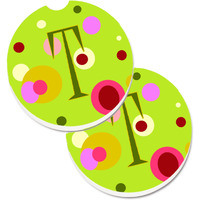 "Caroline's Treasures Letter T Monogram - Lime green Set of 2 Cup Holder Car Coasters CJ1010-TCARC, 2.56, Multicolor"