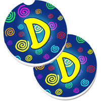 "Caroline's Treasures Letter D Initial Monogram - Blue Swirls Set of 2 Cup Holder Car Coasters CJ1011-DCARC, 2.56, Multicolor"