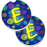 "Caroline's Treasures Letter E Initial Monogram - Blue Swirls Set of 2 Cup Holder Car Coasters CJ1011-ECARC, 2.56, Multicolor"