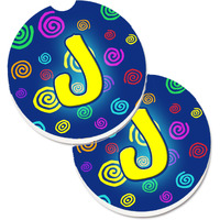 "Caroline's Treasures Letter J Initial Monogram - Blue Swirls Set of 2 Cup Holder Car Coasters CJ1011-JCARC, 2.56, Multicolor"