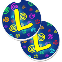 "Caroline's Treasures Letter L Initial Monogram - Blue Swirls Set of 2 Cup Holder Car Coasters CJ1011-LCARC, 2.56, Multicolor"