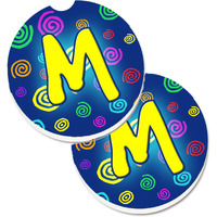 "Caroline's Treasures Letter M Initial Monogram - Blue Swirls Set of 2 Cup Holder Car Coasters CJ1011-MCARC, 2.56, Multicolor"