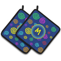 "Caroline's Treasures Letter M Initial Monogram - Blue Swirls Pair of Pot Holders CJ1011-MPTHD, 7.5HX7.5W, Multicolor"