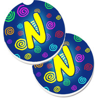 "Caroline's Treasures Letter N Initial Monogram - Blue Swirls Set of 2 Cup Holder Car Coasters CJ1011-NCARC, 2.56, Multicolor"