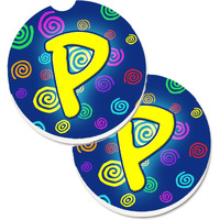 "Caroline's Treasures Letter P Initial Monogram - Blue Swirls Set of 2 Cup Holder Car Coasters CJ1011-PCARC, 2.56, Multicolor"