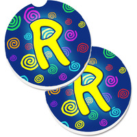 "Caroline's Treasures Letter R Initial Monogram - Blue Swirls Set of 2 Cup Holder Car Coasters CJ1011-RCARC, 2.56, Multicolor"