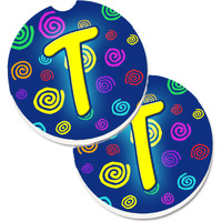 "Caroline's Treasures Letter T Initial Monogram - Blue Swirls Set of 2 Cup Holder Car Coasters CJ1011-TCARC, 2.56, Multicolor"