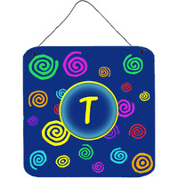 "Caroline's Treasures Letter T Initial with Monogram-Blue Swirls Wall or Door Hanging Prints, 6 x 6"", Multicolor"