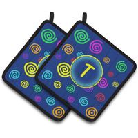 "Caroline's Treasures Letter T Initial Monogram - Blue Swirls Pair of Pot Holders CJ1011-TPTHD, 7.5HX7.5W, Multicolor"
