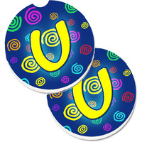 "Caroline's Treasures Letter U Initial Monogram - Blue Swirls Set of 2 Cup Holder Car Coasters CJ1011-UCARC, 2.56, Multicolor"