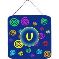 "Caroline's Treasures Letter U Initial with Monogram-Blue Swirls Wall or Door Hanging Prints, 6 x 6"", Multicolor"
