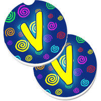 "Caroline's Treasures Letter V Initial Monogram - Blue Swirls Set of 2 Cup Holder Car Coasters CJ1011-VCARC, 2.56, Multicolor"