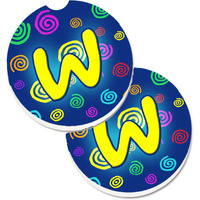"Caroline's Treasures Letter W Initial Monogram - Blue Swirls Set of 2 Cup Holder Car Coasters CJ1011-WCARC, 2.56, Multicolor"