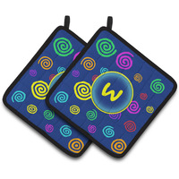"Caroline's Treasures Letter W Initial Monogram - Blue Swirls Pair of Pot Holders CJ1011-WPTHD, 7.5HX7.5W, Multicolor"