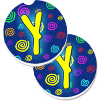 "Caroline's Treasures Letter Y Initial Monogram - Blue Swirls Set of 2 Cup Holder Car Coasters CJ1011-YCARC, 2.56, Multicolor"