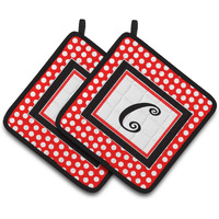 "Caroline's Treasures Letter C Initial Monogram Red black Polka Dots Pair of Pot Holders CJ1012-CPTHD, 7.5HX7.5W, Multicolor"