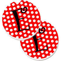 "Caroline's Treasures Letter E Initial Monogram Red black Polka Dots Set of 2 Cup Holder Car Coasters CJ1012-ECARC, 2.56, Multicolor"