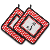 "Caroline's Treasures Letter J Initial Monogram Red black Polka Dots Pair of Pot Holders CJ1012-JPTHD, 7.5HX7.5W, Multicolor"