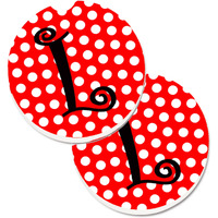 "Caroline's Treasures Letter L Initial Monogram Red black Polka Dots Set of 2 Cup Holder Car Coasters CJ1012-LCARC, 2.56, Multicolor"
