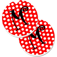 "Caroline's Treasures Letter M Initial Monogram Red black Polka Dots Set of 2 Cup Holder Car Coasters CJ1012-MCARC, 2.56, Multicolor"