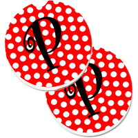 "Caroline's Treasures Letter P Initial Monogram Red black Polka Dots Set of 2 Cup Holder Car Coasters CJ1012-PCARC, 2.56, Multicolor"