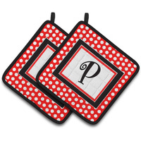 "Caroline's Treasures Letter P Initial Monogram Red black Polka Dots Pair of Pot Holders CJ1012-PPTHD, 7.5HX7.5W, Multicolor"