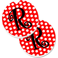 "Caroline's Treasures Letter R Initial Monogram Red black Polka Dots Set of 2 Cup Holder Car Coasters CJ1012-RCARC, 2.56, Multicolor"