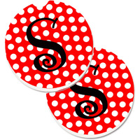 "Caroline's Treasures Monogram - Initial S Red black Polka Dots Set of 2 Cup Holder Car Coasters CJ1012-SCARC, 2.56, Multicolor"