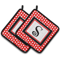 "Caroline's Treasures Monogram - Initial S Red black Polka Dots Pair of Pot Holders CJ1012-SPTHD, 7.5HX7.5W, Multicolor"