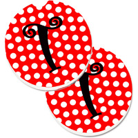 "Caroline's Treasures Monogram - Initial T Red black Polka Dots Set of 2 Cup Holder Car Coasters CJ1012-TCARC, 2.56, Multicolor"