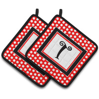 "Caroline's Treasures Monogram - Initial T Red black Polka Dots Pair of Pot Holders CJ1012-TPTHD, 7.5HX7.5W, Multicolor"